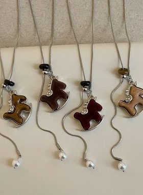 萌趣抽拉木马珍珠天然石项链女轻奢时尚潮流气质百搭颈链毛衣链