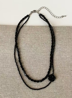 小香风山茶花双层黑色水晶串珠项链甜酷暗黑时尚潮流小众锁骨链女