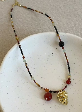 复古民族风松果红玛瑙吊坠串珠项链女轻奢气质时尚高级感毛衣链