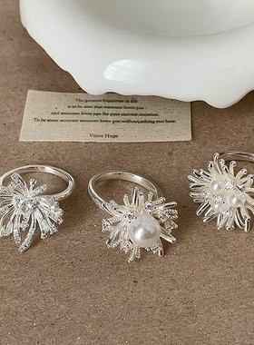 轻奢气质高级感镶钻珍珠烟花戒指时尚通勤百搭ins冷淡风指环戒女