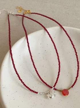 可爱猫咪蝴蝶结红色水晶串珠项链轻奢高级感时尚潮流气质锁骨链女