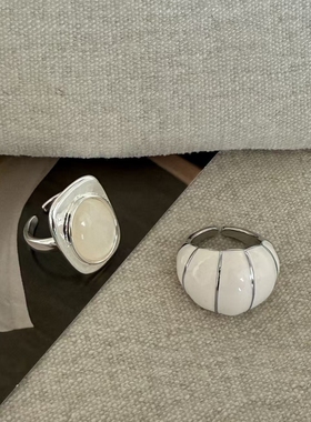 小众设计白色滴釉玉髓开口戒指法式复古时尚简约百搭指环新款