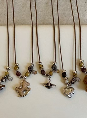 可爱小狗木马爱心吊坠编绳抽拉项链复古百搭时尚潮流颈链毛衣链