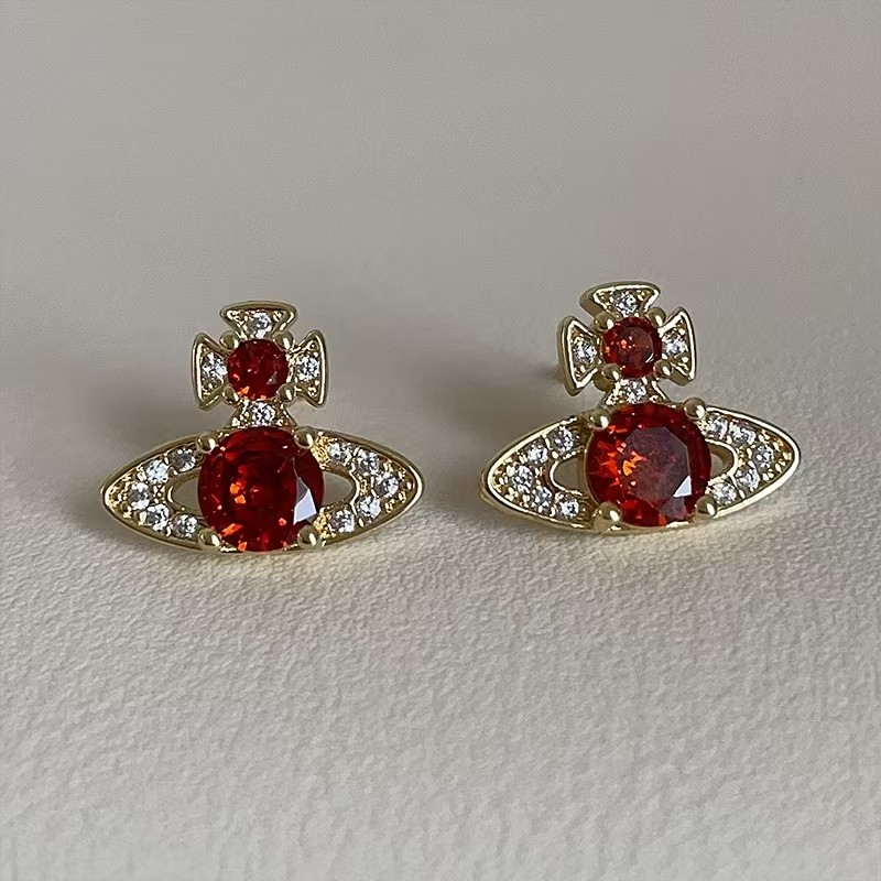 欧美时尚高级红色锆石星球耳钉精致个性小众时尚潮流百搭耳环耳饰