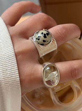 欧美气质厚银宽版天然石戒指轻奢时尚高级感树脂渲染指环新款潮
