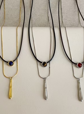 甜酷设计水滴天然石皮绳双层项链简约个性独特时尚潮流颈链毛衣链