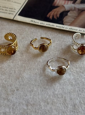 复古拉德琥珀色开口可调节戒指小众设计食指高级重工椭圆指环戒