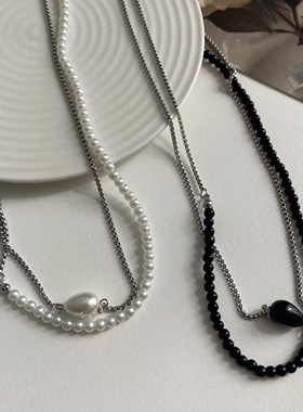 甜酷辣妹黑白珍珠链条双层项链小众设计高级感锁骨链长款项链女