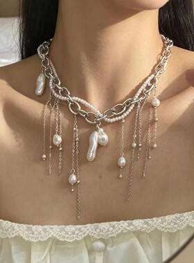 韩式潮流链条珍珠缠绕流苏项链甜酷辣妹轻奢高级优雅淑女锁骨链女