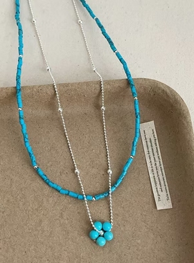 轻奢优雅蓝色叠戴串珠花朵项链小清新时尚潮流气质高级颈链锁骨链