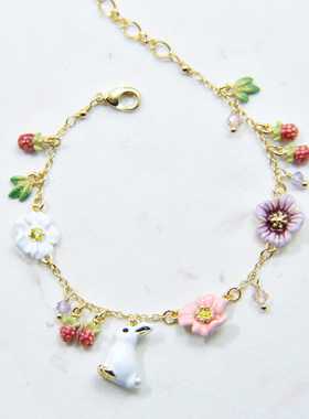法国设计师手工珐琅 魔法奇遇记 花朵桑葚 可爱小白兔子 手链