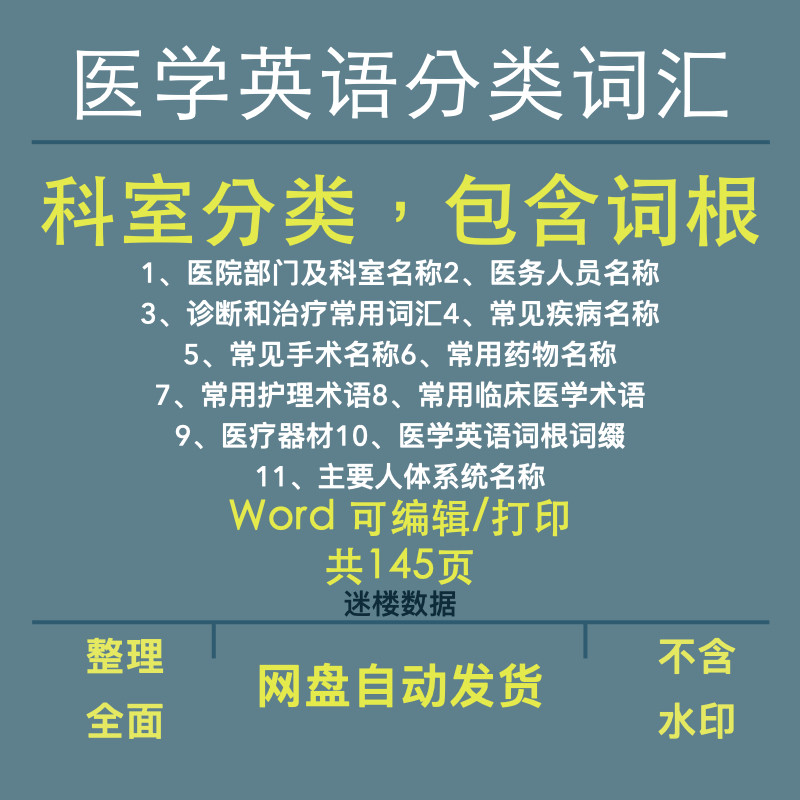 医学英语分类单词词汇表按场景使用情况分类含词根词缀
