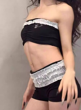 YAOY原创花边辣妹风亮片拼接腰头黑色短裤抹胸女修身甜妹舞蹈服