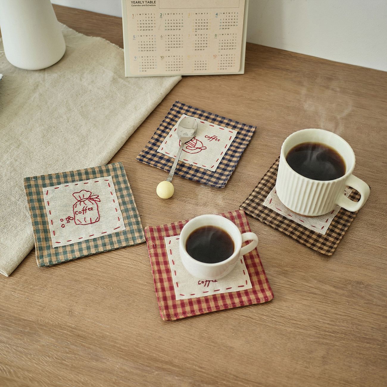 田园风简约手工刺绣家居杯垫方形餐桌装饰垫创意咖啡杯垫家纺布艺,居家布艺,杯垫,淘宝优惠券,粉丝福利购,淘宝优惠卷