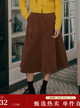 BEANPOLE滨波 女士纯色复古老钱风时尚中长款灯芯绒蓬松半身A字裙