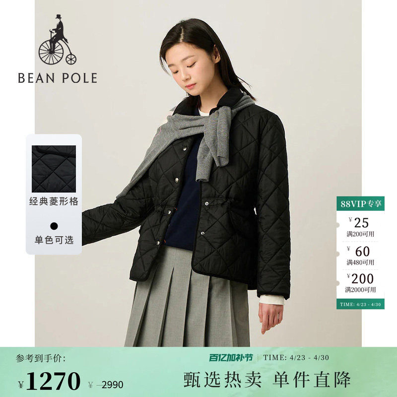 BEANPOLE滨波  春季女中长款简约休闲翻领菱形格绗缝棉服夹棉外套