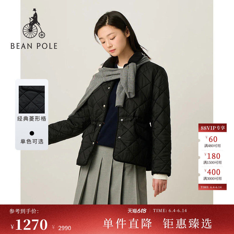BEANPOLE滨波  春季女中长款简约休闲翻领菱形格绗缝棉服夹棉外套