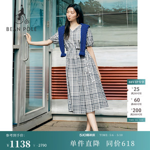 BEANPOLE滨波  女士优雅淑女风格纹V领中长款短袖收腰设计连衣裙