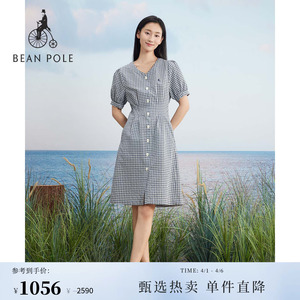 BEANPOLE滨波  女士泡泡纱简约格纹设计度假风V领优雅气质连衣裙
