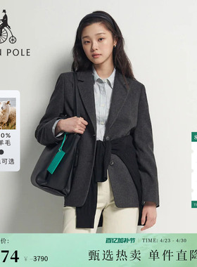 100%绵羊毛BEANPOLE滨波女通勤气质经典人字纹深灰色西装单西外套