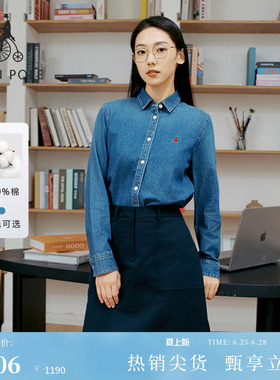 BEANPOLE滨波 春夏女士松弛知识分子高智感蓝色牛仔全棉长袖衬衫