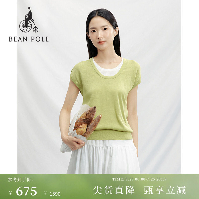 BEANPOLE滨波 春夏女士浅绿色清新假两件套头无袖针织T恤针织上衣