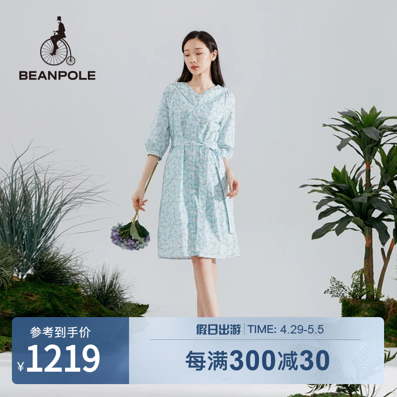 BEANPOLE滨波 春夏款女士天蓝色薄纱棉印花V领法式度假碎花连衣裙