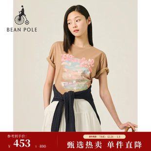女士水彩画图案土黄色宽松版 2025夏季 BEANPOLE滨波 T恤 新品