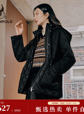 BEANPOLE滨波 女士黑色连帽潮酷时尚老钱风简约绗缝格纹棉服外套