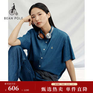 女士牛仔复古短袖 2025年夏季 BEANPOLE滨波 质感翻领衬衫 新品