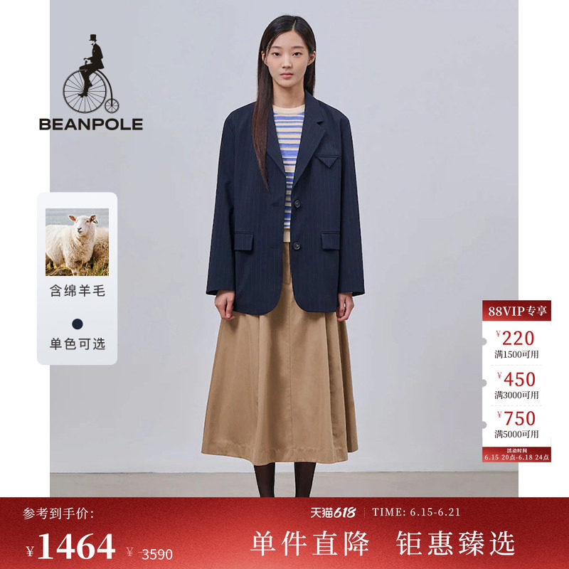 含绵羊毛 BEANPOLE滨波 女士商务休闲时尚藏青条纹简约风单西西装