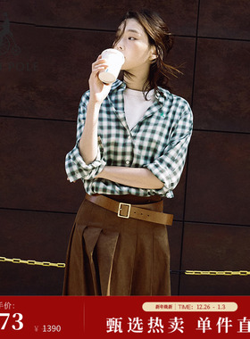 【新品】BEANPOLE滨波 2025秋冬女士绿色格子纹简约休闲长袖衬衫