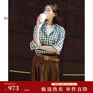 2025秋冬女士绿色格子纹简约休闲长袖 BEANPOLE滨波 衬衫 新品