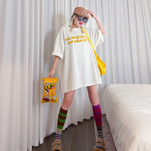 潮牌秋冬磨毛加厚T恤打底衫中长款宽松休闲bf风上衣亲肤刺绣短袖T