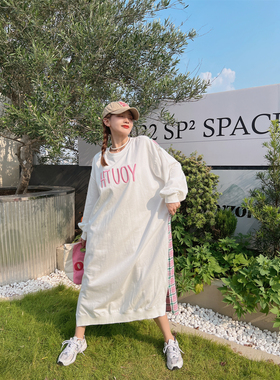 JL SUNFLOWER秋季纯棉刺绣卫衣女宽松显瘦格子拼接黑色开叉连衣裙