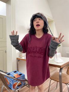 JL SUNFLOWER圆领打底衫女秋冬宽松大码休闲粉色亮片上衣短袖t恤