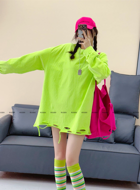 2025春季新款欧洲站磨毛上衣女长袖中长款破洞T恤宽松bf风打底衫