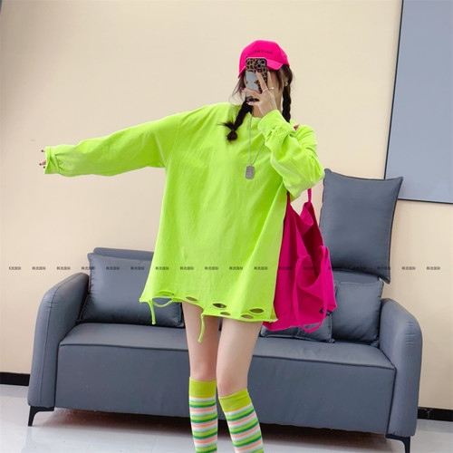 欧洲站磨毛长袖纯棉中长款T恤女