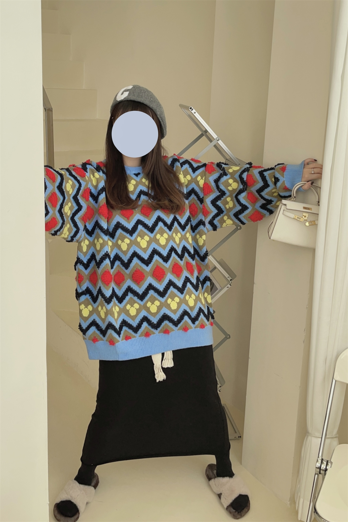 韩国东大门冬季中长款菱形格百搭毛衣女宽松加厚圆领条纹针织衫