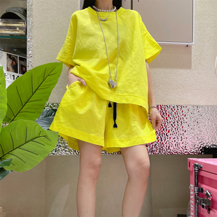 套装 t恤高腰显瘦棉麻短裤 女夏季 宽松百搭短袖 两件套 大码 休闲时尚