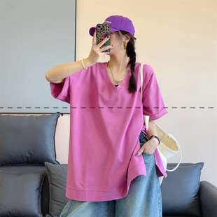 大码 t恤女净版 夏季 v领宽松显瘦短袖 潮百搭中长款 侧开叉慵懒风半袖