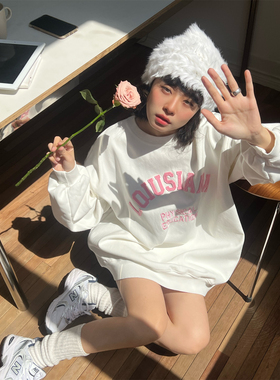 JL SUNFLOWER白色圆领潮牌卫衣加绒加厚女冬季大码宽松刺绣bf外套