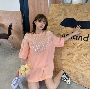 JL SUNFLOWER新款夏季T恤女bf风大码韩版短袖重工亮片显瘦上衣ins