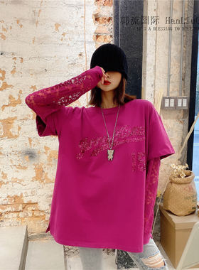 JL SUNFLOWER假两件蕾丝拼接长袖T恤女欧洲站冬季打底衫宽松上衣