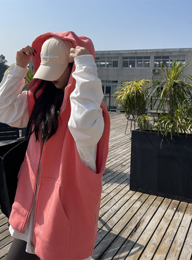 显瘦宽松休闲中长款连帽马甲女