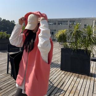 减龄韩系显瘦宽松休闲中长款 外套大码 连帽马甲女 开衫 胖MM拉链无袖
