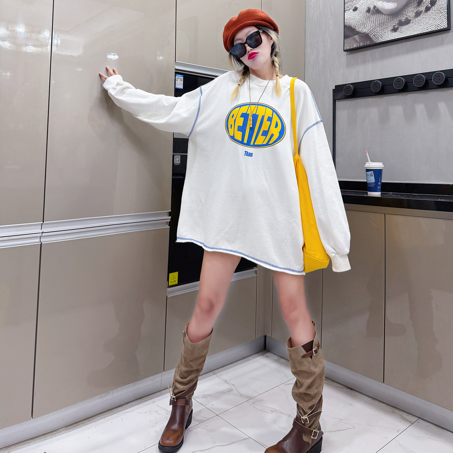 潮牌秋冬新款字母印花宽松卫衣女大码中长款长袖上衣简约气质打底,女装/女士精品,卫衣/绒衫,淘宝优惠券,粉丝福利购,淘宝优惠卷