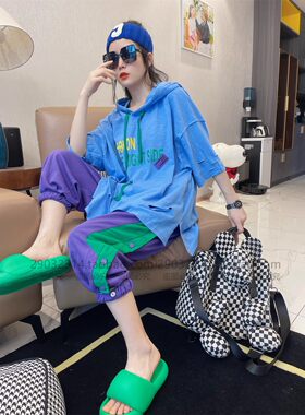 宽松连帽短袖t恤女夏季大码上衣
