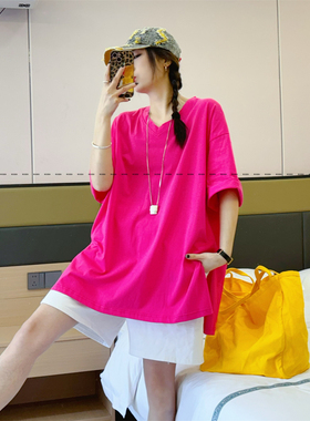 夏季果绿色ins大码v领短袖潮T中长款遮屁股显瘦遮肉纯色半袖T恤女