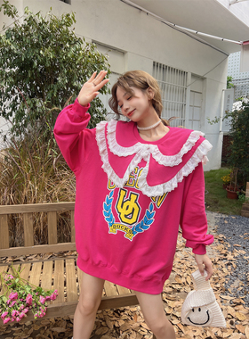 JL SUNFLOWER秋季新款黑色中长款字母卫衣女宽松大码蕾丝法式上衣